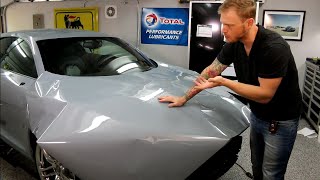 MASSIVE Hood Vinyl Wrap The AMMONYC Audi R8 Being Wrapped In Gloss Nardo Grey [upl. by Maible]