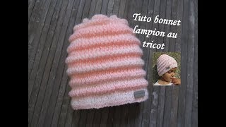 TUTO BONNET LAMPION AU TRICOT Stitch 3D knitting hat GORRO PUNTO RELIEVE DOS AGUJAS [upl. by Isola198]