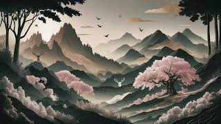 Title Serene Mountain View  Golden Peaks amp Cherry Blossom Art for TV [upl. by Yenetruoc]