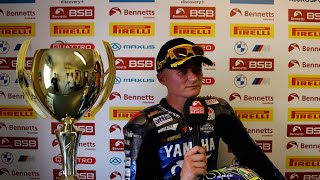 2024 Bennetts British Superbike R7 Thruxton Race 3 podium reactions [upl. by Ardnuasac]