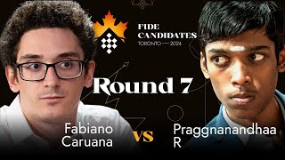 Round 7  Fabiano Caruana  Praggnanandhaa R  FIDE Candidates 2024 [upl. by Ddej]