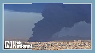 Fire and flooding in Saudi Arabia after interception of waves of Houthi attacks [upl. by Tamer941]