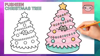 How To Draw Cute Easy Christmas Tree With Pusheen Cat Hiding In It  Step By Step Drawing Tutorial [upl. by Eerahc]