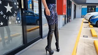 Georgia Reviews Pleaser DELIGHT3000 Shiny Black 6 Inch Thigh High Platform Boots with Walking [upl. by Octavia]