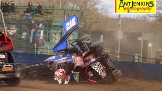 BriSCA F1 Stockcars  197 Ryan Harrison Last Bender Crash Roll Over vs 216 Jack France  Northampton [upl. by Adnovay]