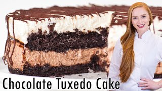 Chocolate Tuxedo Cake Recipe  with NoBake Cheesecake Layers amp Caramel Sauce [upl. by Remy158]