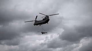 RAF Chinook Transporting Underslung Cannon RIAT 2024 [upl. by Nirtak]