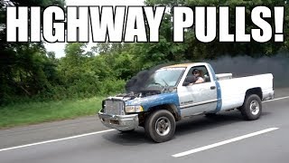 TWIN TURBO 12 VALVE CUMMINS RACING FIRST GEN VS SECOND GEN HIGHWAY DRAGS [upl. by Fritts140]