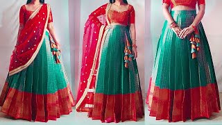 Perfect Knife Pleated Lehenga Skirt Cutting and Stitching easily  Convert saree into lehenga [upl. by Onaicnop]