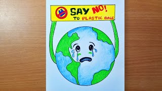 say no to plastic drawing  stop plastic bags pollution poster making  avoid plastic bags drawing [upl. by Lothar591]