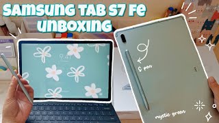 Samsung Galaxy Tab S7 FE unboxing 📦  128gb Mystic Green aesthetic amp ASMR 🍃 [upl. by Otipaga]