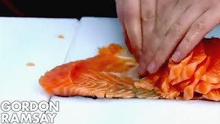 Salmon slicing world record  Gordon Ramsay [upl. by Ynnaffit824]