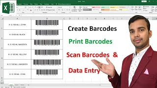 How to Crate Barcode in excel Print Barcode Scan barcode and automatically data entry in MS Excel [upl. by Darcie]