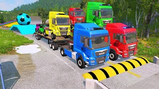 Double Flatbed Trailer Truck vs Speedbumps Train vs Cars  Tractor vs Train BeamngDrive 09 [upl. by Htebaile]