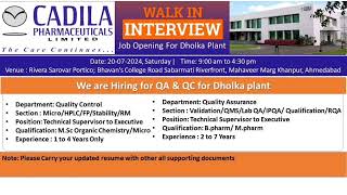 Cadila Pharmaceuticals Walkin Drive for MscBpharmMpharm for QAQC cadila qajobs qcjobs [upl. by Elvin707]