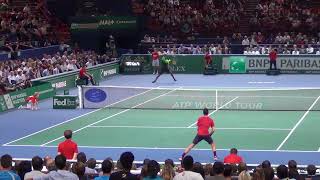 Djokovic vs Monfils Amazing rally in Slow Motion Court Level ATP Match [upl. by Egroeg]