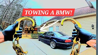 Towing A BMW 740i With My Hino Rollback Flatbed Towtruck Fail Mytee Bridal Repo Recovery Winchout [upl. by Chapen529]