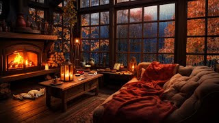 Rainy Autumn Day with Crackling Fireplace in a Cozy Hut Ambience  Relax Sleep or Study [upl. by Nrobyalc495]