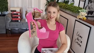 Catie Unboxes Pink Velvet 7 Inch High Heel Platform Shoes With White Pearl Ankle Bracelet [upl. by Otecina]