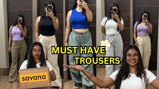 Womens Trousers HAUL  TRY ON  Savana Parachute Pants Flare Jeans and More savana bottomwear [upl. by Chemar334]