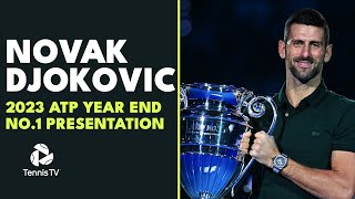 Novak Djokovic Receives 2023 YearEnd No 1 Trophy 🏆  Nitto ATP Finals [upl. by Elly]