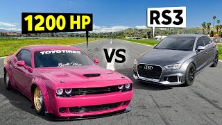 1200hp Liberty Walk Dodge Hellcat vs IROZbuilt Audi RS 3 No Prep Drag Race Duel [upl. by Roskes]