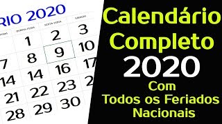 CALENDÁRIO 2020 COM TODOS OS FERIADOS NACIONAIS Completo [upl. by Housen]