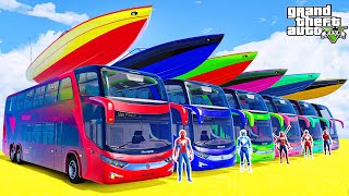 HomemAranha e Ônibus Team Spiderman and Team Power Rangers w Boats on Buses Challenge Obstacles [upl. by Ahsatan]