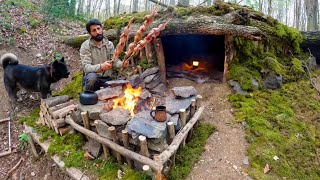 Building a WOOD and ROCK SHELTER for 3 Days SURVIVAL Fireplace Quail Cooking BUSHCRAFT Camping [upl. by Timmie302]