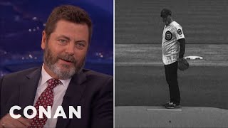 Nick Offerman Staged A Silent Movie For His First Pitch  CONAN on TBS [upl. by Annaesor748]