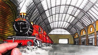 How to Draw a Train in Perspective Hogwarts Express [upl. by Eunice]