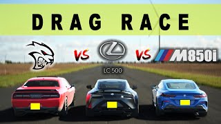 2023 BMW M850i vs Lexus LC500 Coupe vs Dodge Challenger SRT Hellcat V8 Battle Drag and Roll Race [upl. by Wilie289]