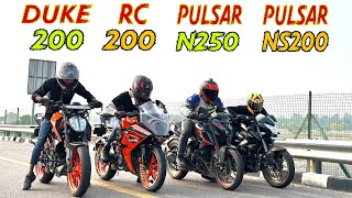 Duke 200 vs RC 200 vs Pulsar N250 vs pulsar NS200  Drag Race  Quad Battle  Shocking results😲 [upl. by Nilyam]