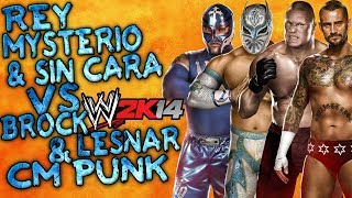 WWE 2K14 Rey Mysterio amp Sin Cara Vs Brock Lesnar amp CM PUNK [upl. by Anairdna899]