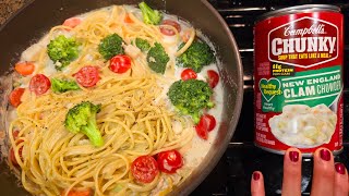 Clam chowder pasta with lots of veggies creamy and yummy Easy and cheap dinner for everyone 😋 🥦🍝 [upl. by Seth]