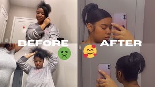 Doing a sleek high ponytail bun with a bang tutorial 💖 [upl. by Aletse]