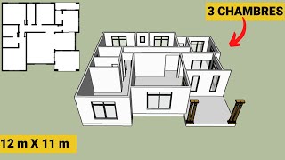 PLAN DE MAISON MODERNE 3 CHAMBRES CONFORTABLES 12m x 11m [upl. by Tayyebeb510]