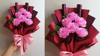 DIY Crepe Paper Roses Bouquet tutorial  Boquet making  Ribbon making [upl. by Yelwar]