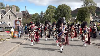 Massed Pipes and Drums march to the 2019 Braemar Gathering in Royal Deeside Aberdeenshire Scotland [upl. by Warila]