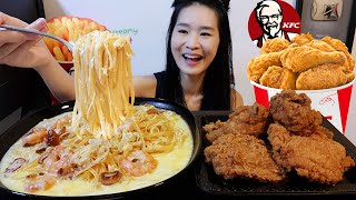 Very Creamy Seafood Alfredo Pasta amp KFC Extra Crispy Chicken  Recipe amp Fried Chicken Mukbang w Asmr [upl. by Anoli]