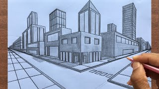 How to Draw using Two Point Perspective Draw a Town Stepbystep [upl. by Dunson]