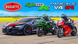 Bugatti Chiron SS vs Kawasaki H2R vs Ducati Panigale SP2 ARRANCONES [upl. by Dell778]