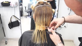 SUPER HAIRCUT  SHORT BLONDE BOB CUT WITH LAYERES AND BANGS [upl. by Artenehs]