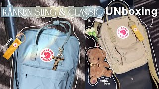 UNboxing 📦 kånken sling in clay amp classic kånken backpack  sky blue☁️ what fits inside my kanken [upl. by Ronnoc]