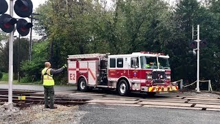 Fire Trucks Wait For Train Buckingham Branch Railroad Switching Customer Virginia Trains Stuff [upl. by Lenor]