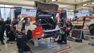 WRC Rally Italia Sardegna 2023 Toyota Gazoo Racing team works on Ogier rally car Fri midday service [upl. by Marelda]