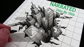 How to Draw a 3D City Optical Illusion Narrated Step by Step [upl. by Skoorb]