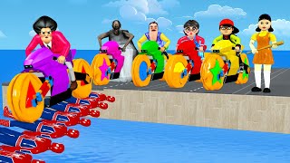 Scary Teacher 3D vs Squid Game Ride a Motorbike on Spidermans Bridge 5 Times Challenge [upl. by Tjaden]