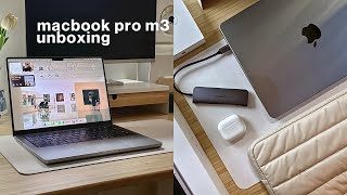 macbook pro m3 unboxing 14quot space gray ☁️ airpods 3 accessories macOS sonoma desktop aesthetic [upl. by Eicyal849]