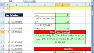 Excel Statistics 37 PERCENTILE amp QUARTILE [upl. by Klemperer121]